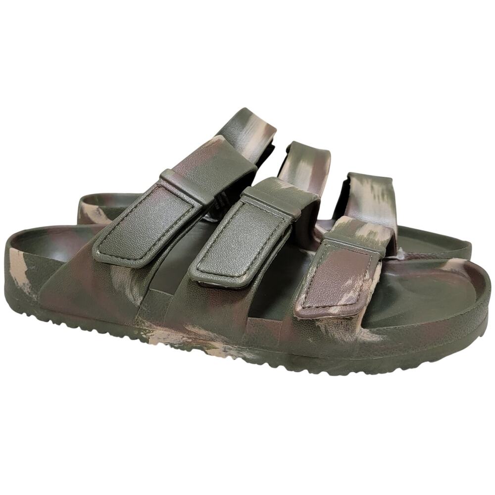 Sun + Stone Men Bowie Triple Strap Footbed Slide Sandals Size US 7M Camo Green
